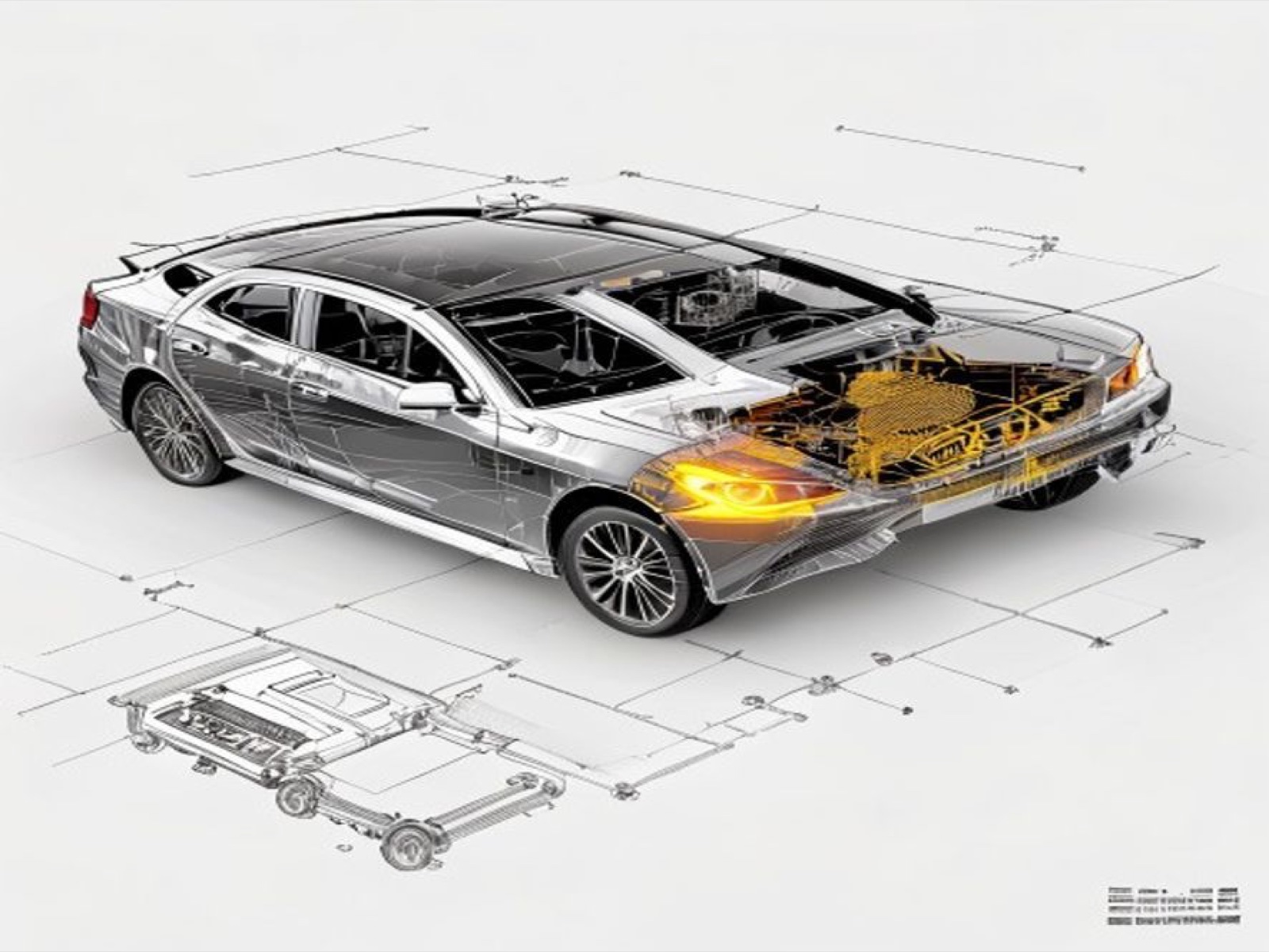 Exploded-view technical diagram of a sedan with its parts separated: body, cabin, hood, engine and wheels