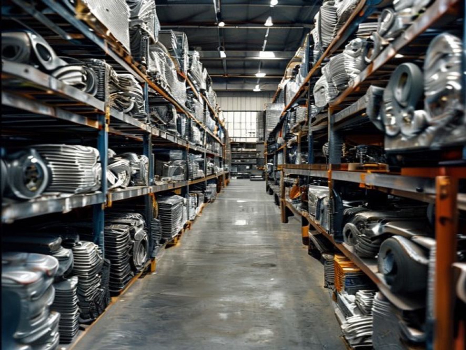 Warehouse shelves neatly stacked with used auto parts