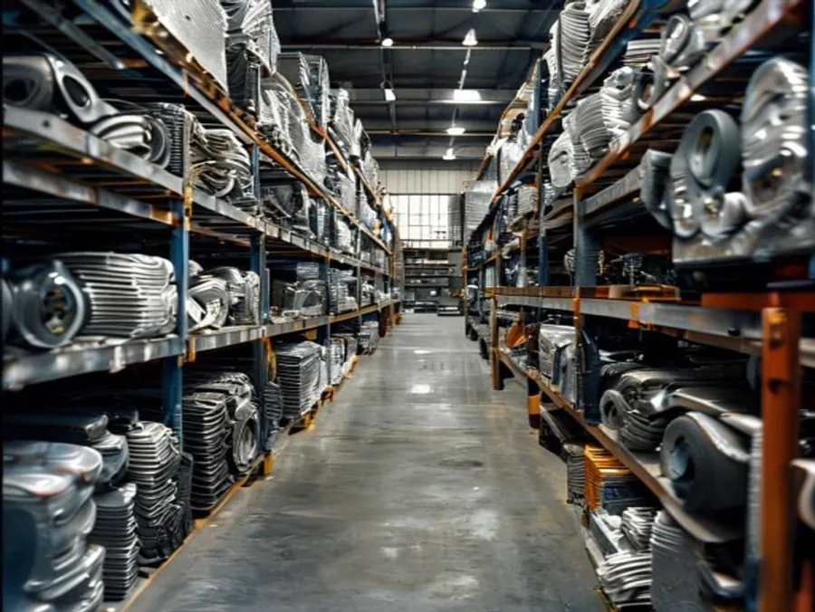 Warehouse shelves neatly stacked with used auto parts